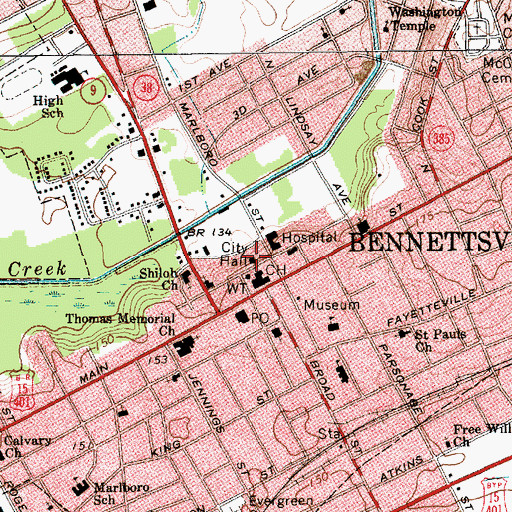 Topographic Map of Bennettsville City Hall, SC