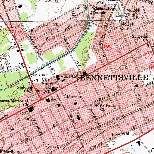 Topographic Map of Bennettsville Historic District, SC