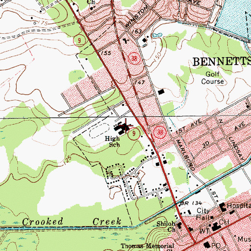 Topographic Map of Bennettsville Middle School, SC