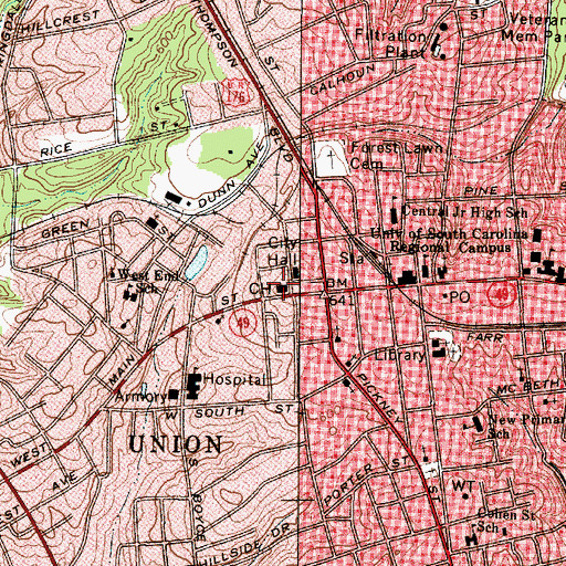 Topographic Map of Union County Courthouse, SC