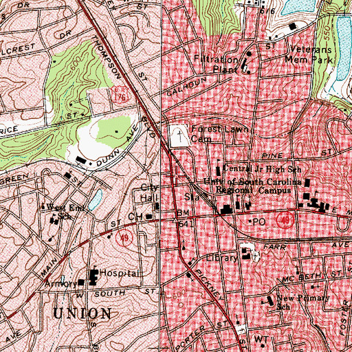 Topographic Map of Union Downtown Historic District, SC