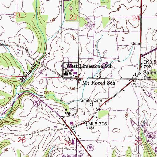 Topographic Map of Mount Rozell School (historical), AL