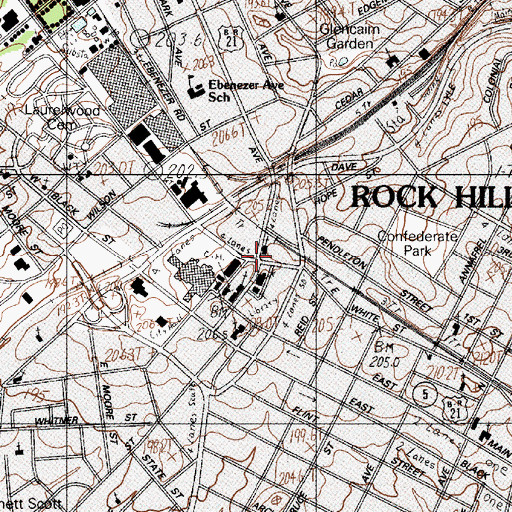 Topographic Map of Rock Hill Downtown Historic District, SC