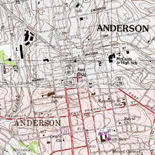 Topographic Map of Anderson City Hall, SC
