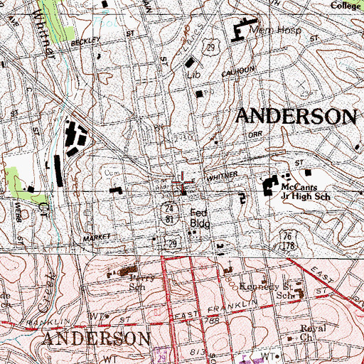 Topographic Map of Anderson Downtown Historic District, SC