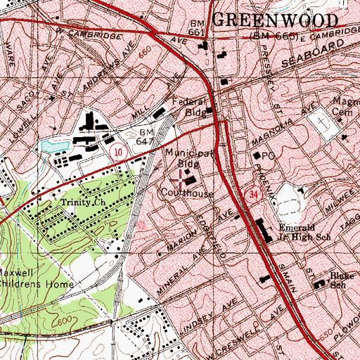 Topographic Map of Greenwood County Jail, SC