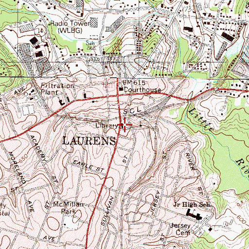 Topographic Map of Laurens COunty Library, SC