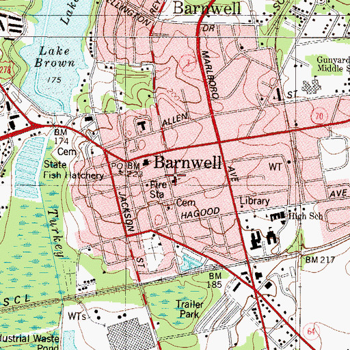 Topographic Map of Barnwell Presbyterian Church, SC