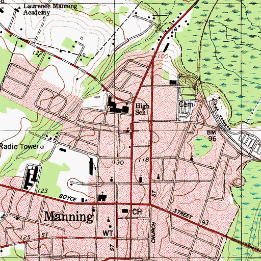 Topographic Map of Manning Presbyterian Church, SC
