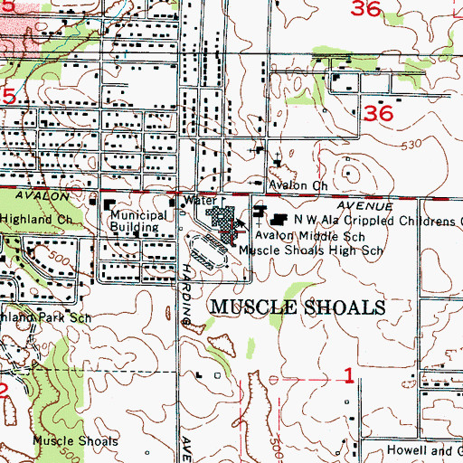 Topographic Map of Muscle Shoals High School, AL