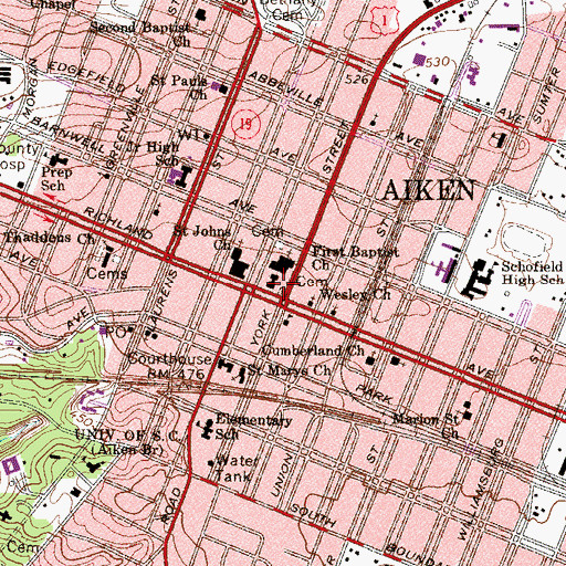 Topographic Map of Aiken's First Baptist Church Graveyard, SC