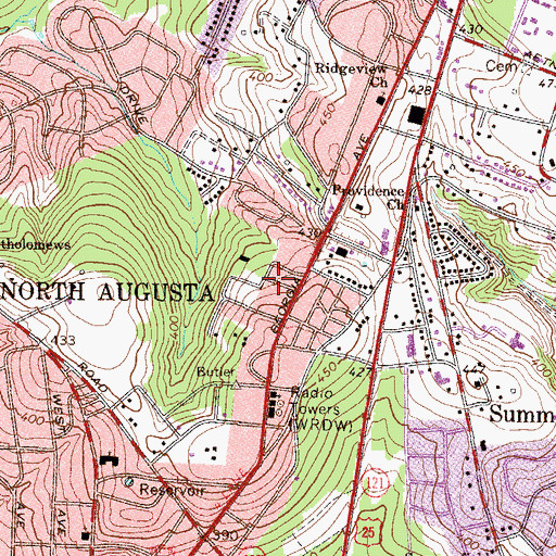 Topographic Map of Pine and Oak Woods, SC