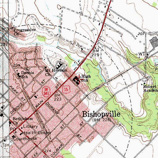 Topographic Map of Bishopville Middle School, SC