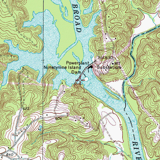 Topographic Map of Ninety-Nine Islands Dam, SC