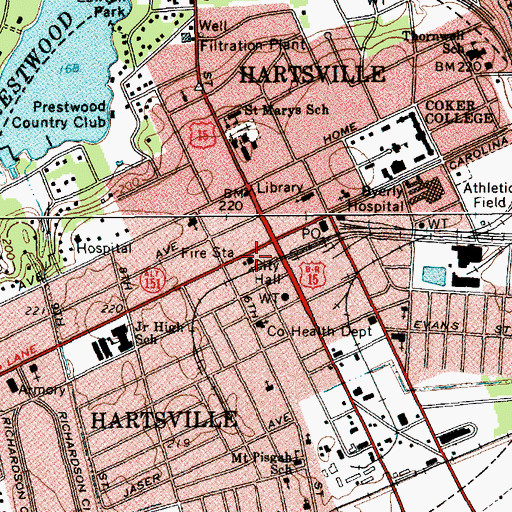 Topographic Map of Hartsville City Hall, SC