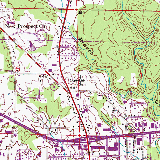 Topographic Map of Oak Hill Cemetery, AL