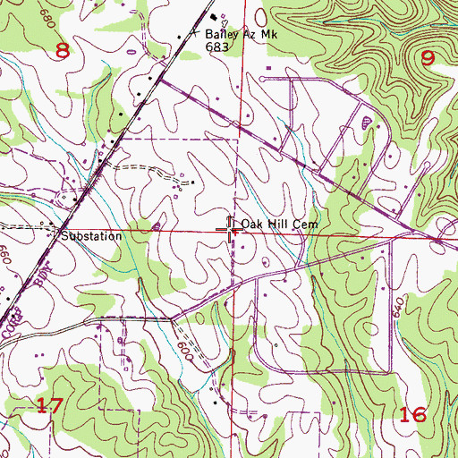 Topographic Map of Oak Hill Cemetery, AL