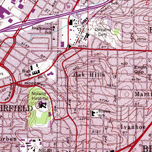 Topographic Map of Oak Hills, AL