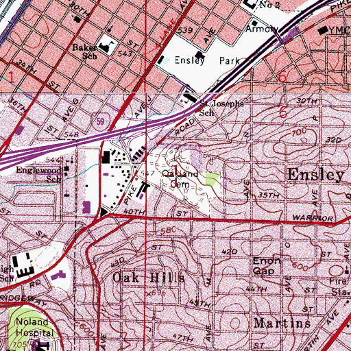 Topographic Map of Oakland Cemetery, AL