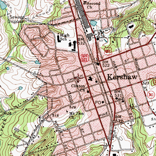 Topographic Map of First United Methodist Church of Kershaw, SC