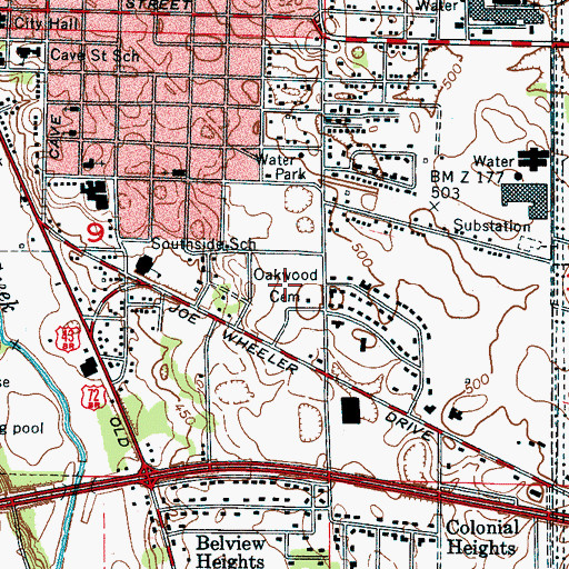 Topographic Map of Oakwood Cemetery, AL
