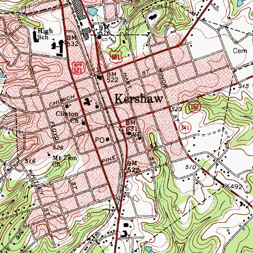 Topographic Map of Kershaw City Hall, SC