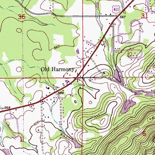 Topographic Map of Old Harmony, AL