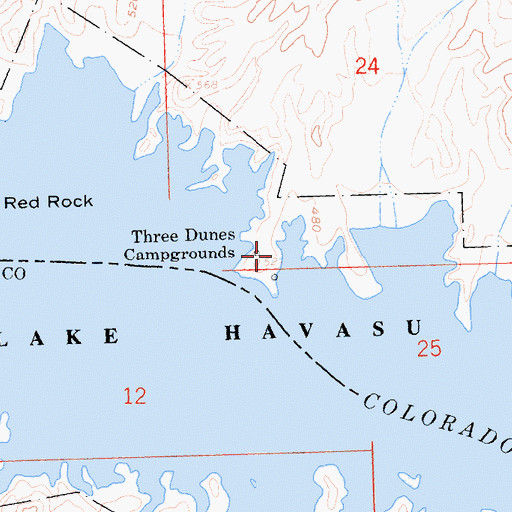 Topographic Map of Three Dunes Campgrounds, AZ