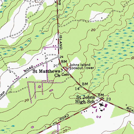 Topographic Map of Johns Island Lookout Tower, SC