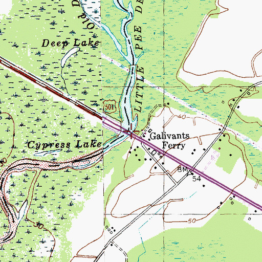 Topographic Map of Galivants Ferry Bridge, SC