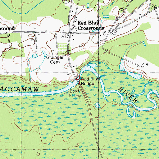 Topographic Map of Red Bluff Bridge, SC
