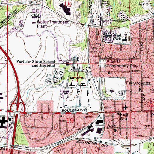 Topographic Map of William D Partlow Developmental Center (historical), AL