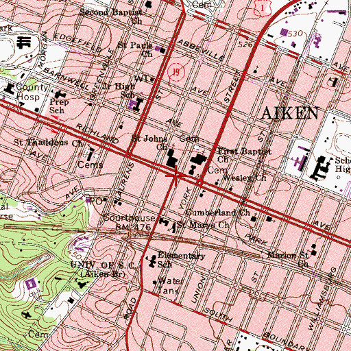 Topographic Map of Aiken, SC