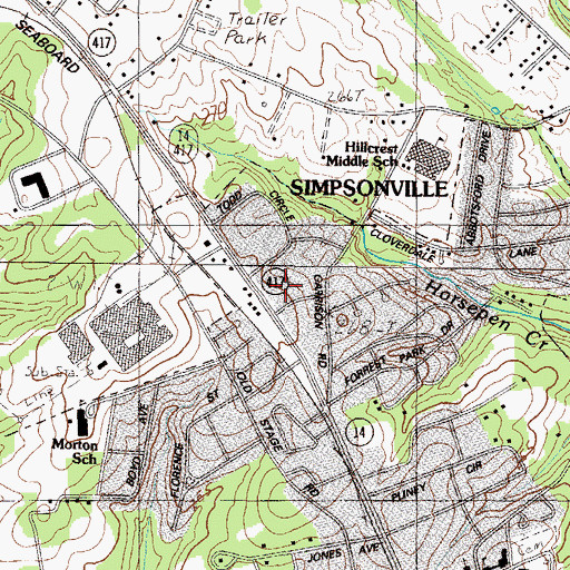 Topographic Map of Simpsonville Post Office, SC