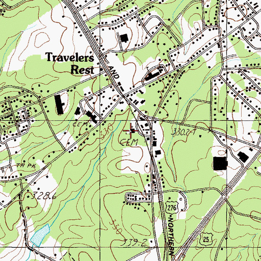 Topographic Map of Travelers Rest Cemetery, SC