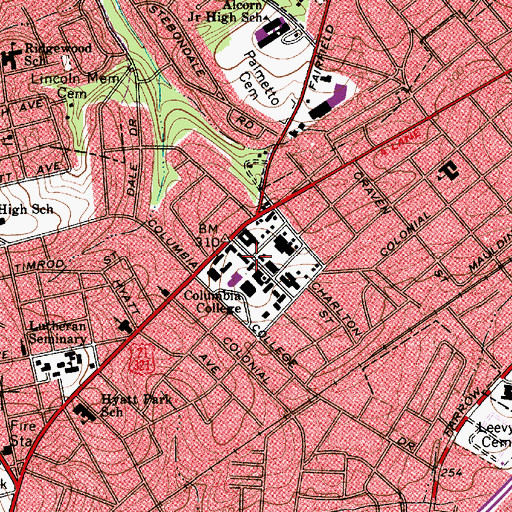 Topographic Map of Columbia College, SC