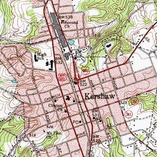 Topographic Map of Kershaw, SC