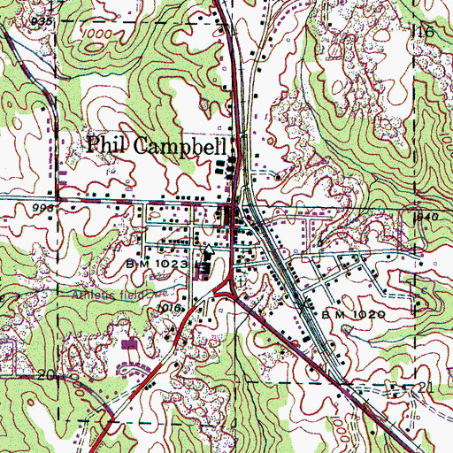 Topographic Map of Phil Campbell, AL