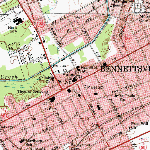 Topographic Map of Bennettsville, SC