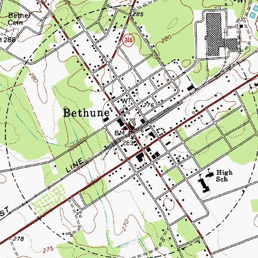 Topographic Map of Bethune, SC