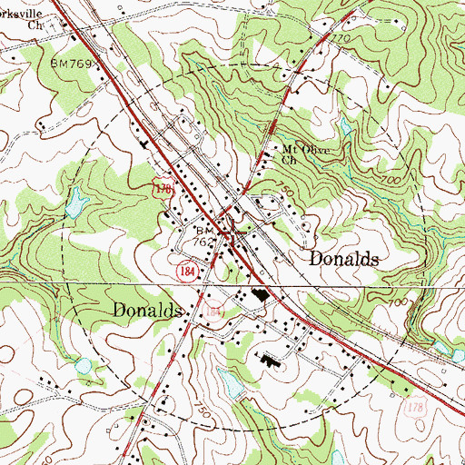 Topographic Map of Donalds, SC