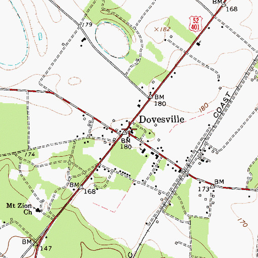 Topographic Map of Dovesville, SC