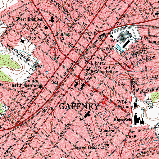 Topographic Map of Gaffney, SC