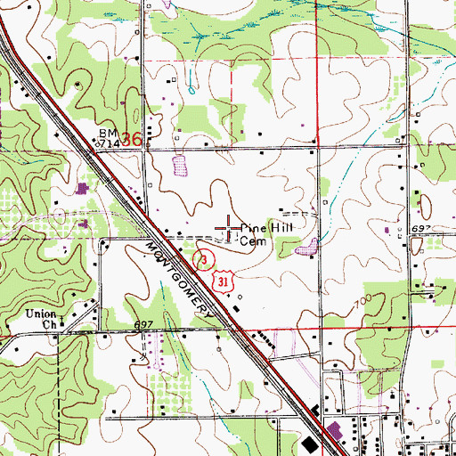 Topographic Map of Pine Hill Cemetery, AL
