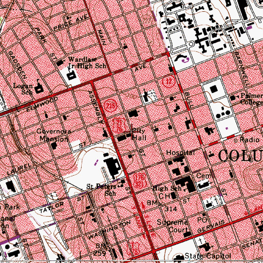 Topographic Map of Columbia City Hall, SC