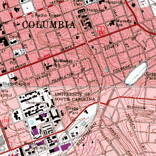 Topographic Map of Columbia Hall, SC