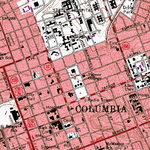 Topographic Map of Columbia Historic District II, SC