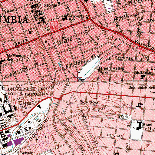 Topographic Map of Five Points Shopping Center, SC