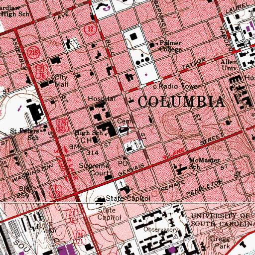 Topographic Map of Washington Street United Methodist Church, SC