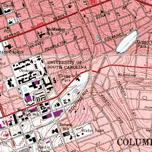 Topographic Map of Maxcy Gregg Park, SC